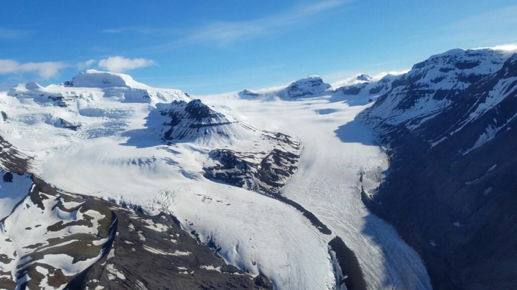 An aerial view of the massive Columbia Icefields glaciers in Banff National Park.