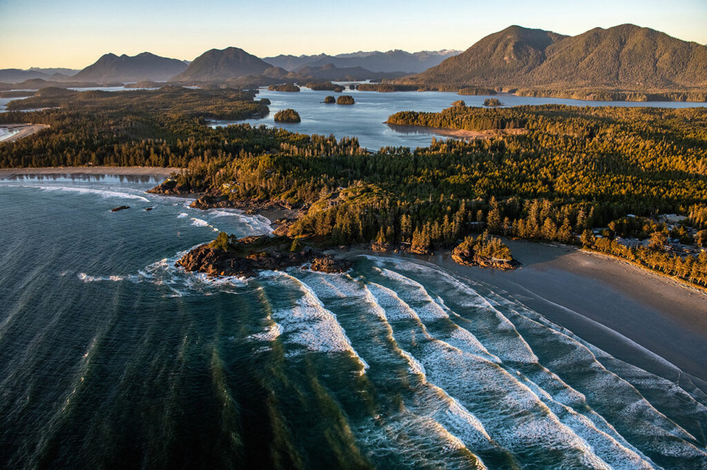 The view from Cox Bay on the edge of Pacific Rim National Park looking toward the village of Tofino and the Clayoquot Sound UNESCO Biosphere Reserve.